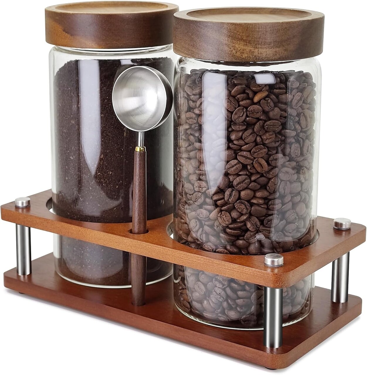 Glass Coffee Grounds Container with Shelf, 2 × 45 oz Glass Coffee Canisters with Airtight Thread Lid, Glass Storage Jars with Stainless Steel Spoon for Coffee Bean, Sugar,Nut